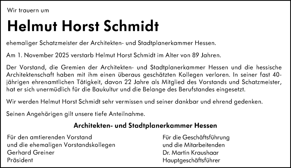  Traueranzeige für Helmut Horst Schmidt vom 08.11.2025 aus Darmstädter Echo