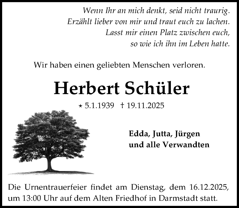  Traueranzeige für Herbert Schüler vom 29.11.2025 aus Darmstädter Echo