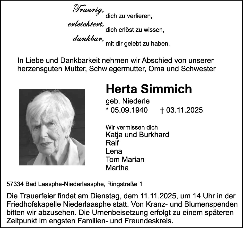  Traueranzeige für Herta Simmich vom 07.11.2025 aus Hinterländer Anzeiger