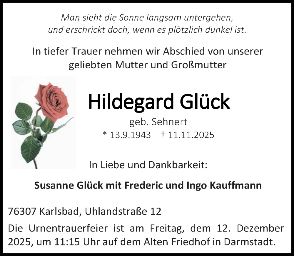  Traueranzeige für Hildegard Glück vom 15.11.2025 aus Darmstädter Echo