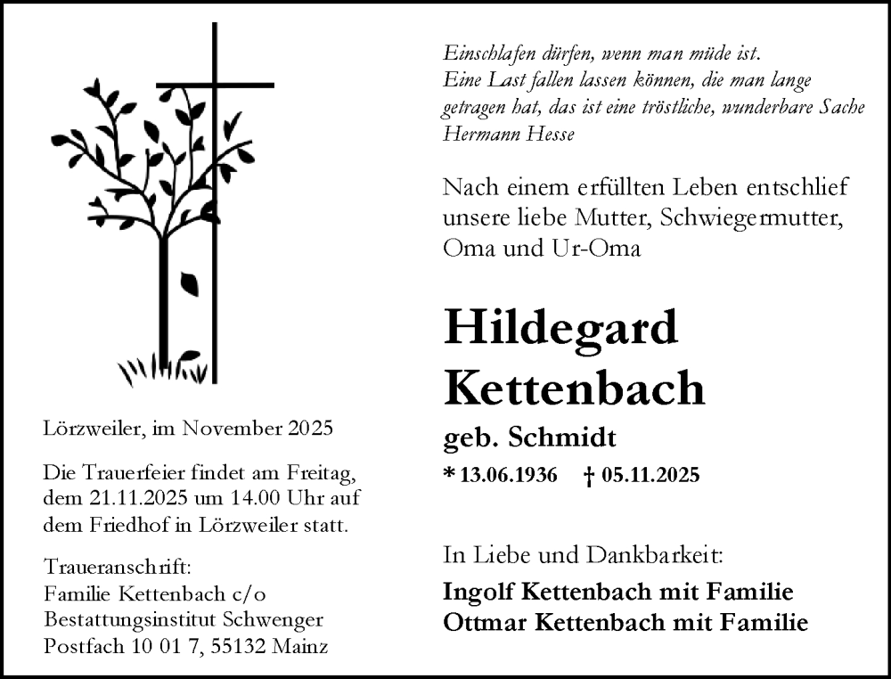  Traueranzeige für Hildegard Kettenbach vom 08.11.2025 aus Allgemeine Zeitung Mainz