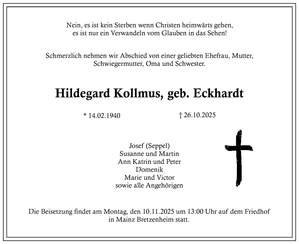  Traueranzeige für Hildegard Kollmus vom 05.11.2025 aus Allgemeine Zeitung Mainz