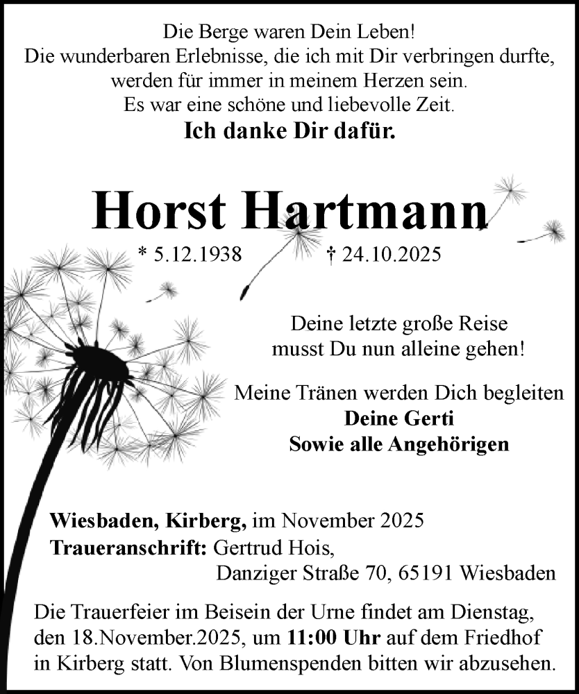  Traueranzeige für Horst Hartmann vom 13.11.2025 aus Camberger Anzeiger