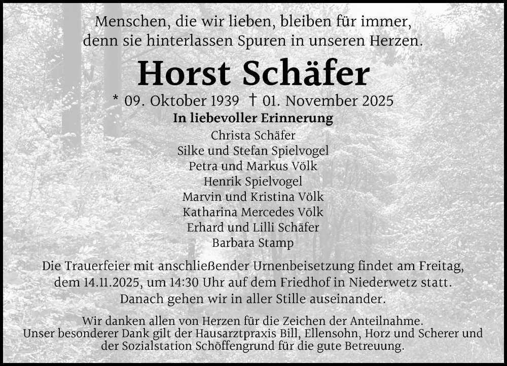 Traueranzeige für Horst Schäfer vom 08.11.2025 aus Wetzlarer Neue Zeitung