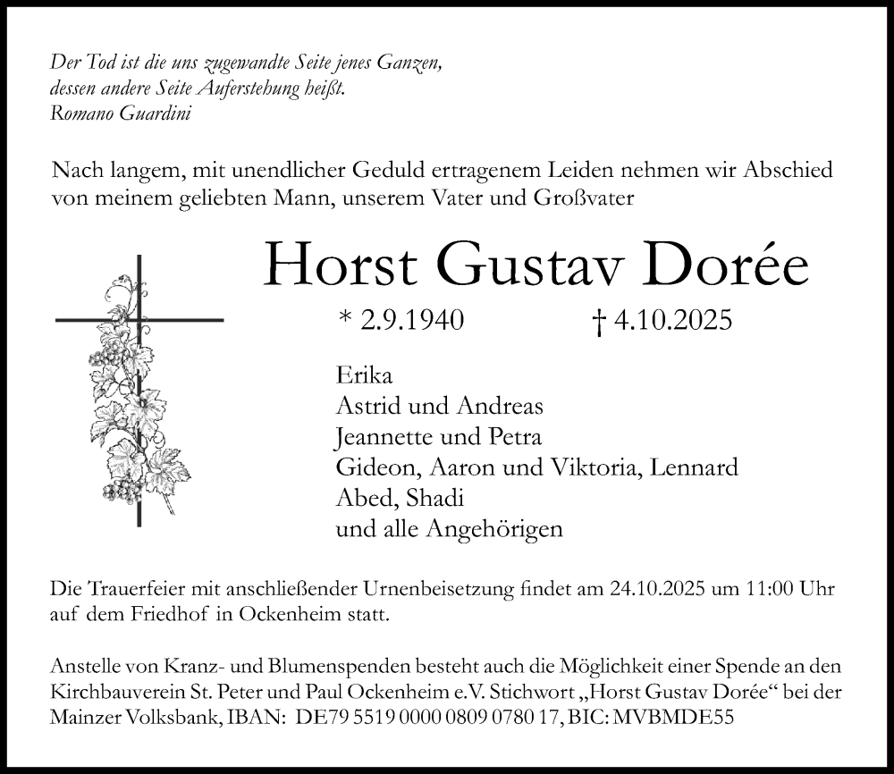  Traueranzeige für Horst Gustav Dorée vom 11.10.2025 aus Allgemeine Zeitung Rheinhessen-Nahe