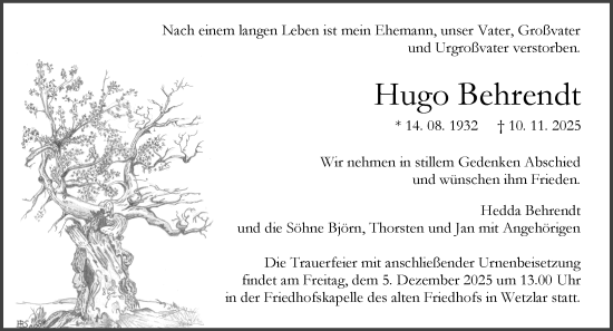 Traueranzeige von Hugo Behrendt von Wetzlarer Neue Zeitung