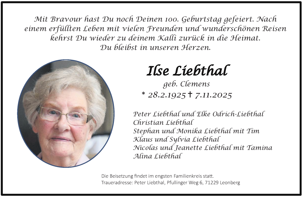  Traueranzeige für Ilse Liebthal vom 10.11.2025 aus Wormser Zeitung