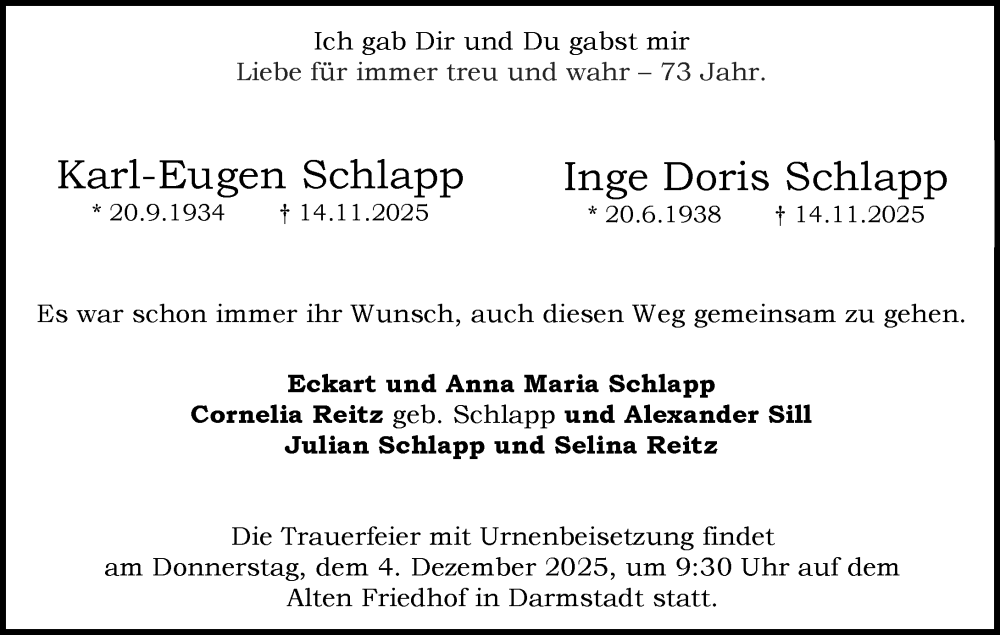  Traueranzeige für Inge Doris Schlapp vom 22.11.2025 aus Darmstädter Echo