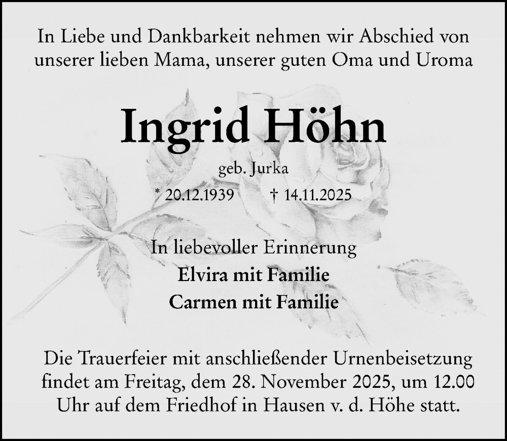  Traueranzeige für Ingrid Höhn vom 22.11.2025 aus Wiesbadener Kurier