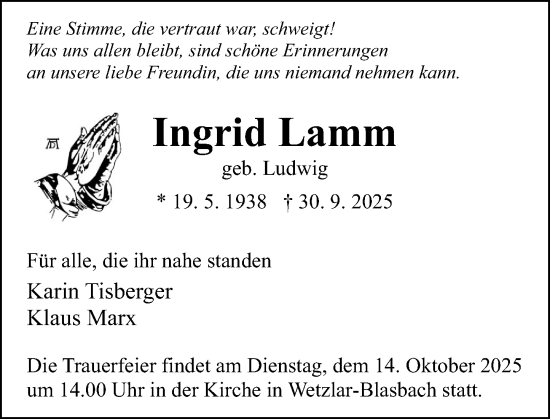 Traueranzeige von Ingrid Lamm von Wetzlarer Neue Zeitung
