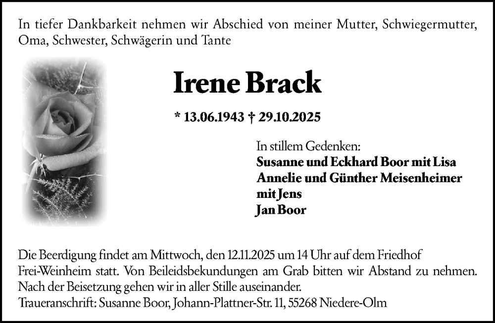  Traueranzeige für Irene Brack vom 08.11.2025 aus Allgemeine Zeitung Rheinhessen-Nahe