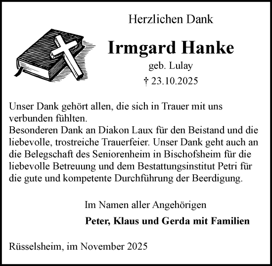 Traueranzeige von Irmgard Hanke von Rüsselsheimer Echo