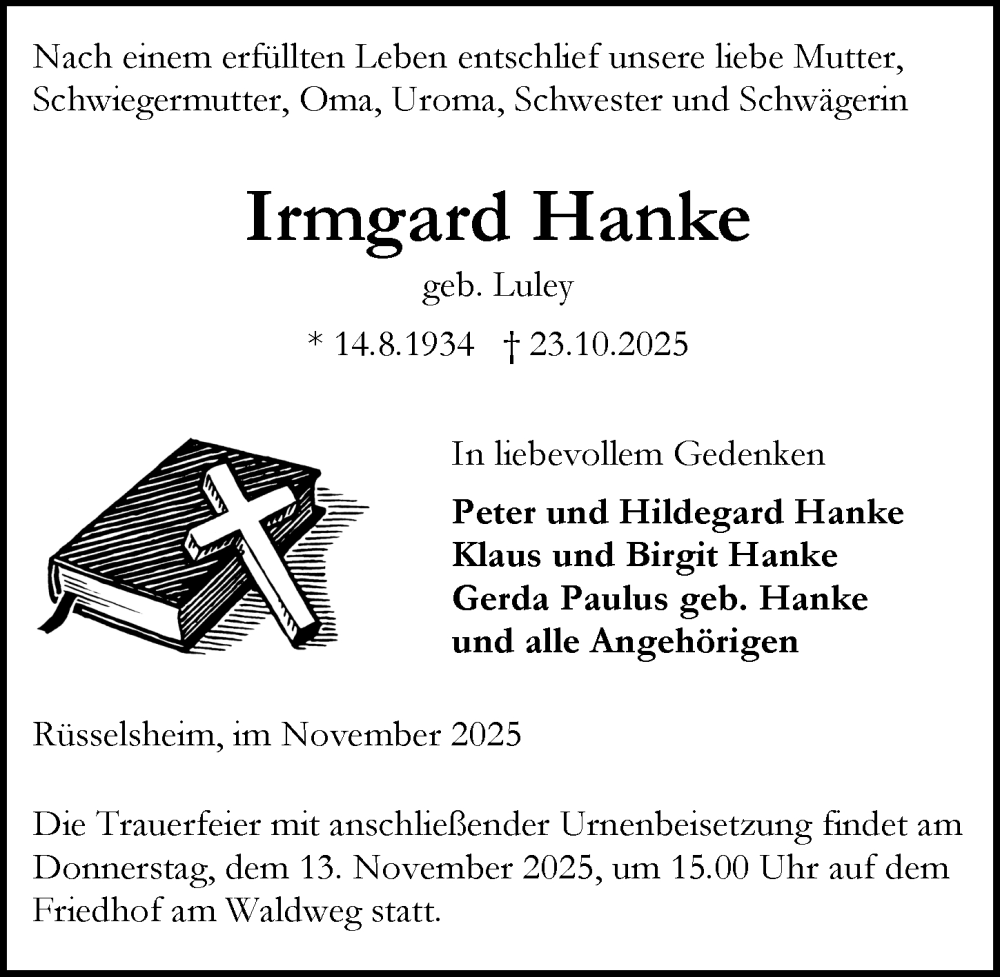  Traueranzeige für Irmgard Hanke vom 08.11.2025 aus Rüsselsheimer Echo