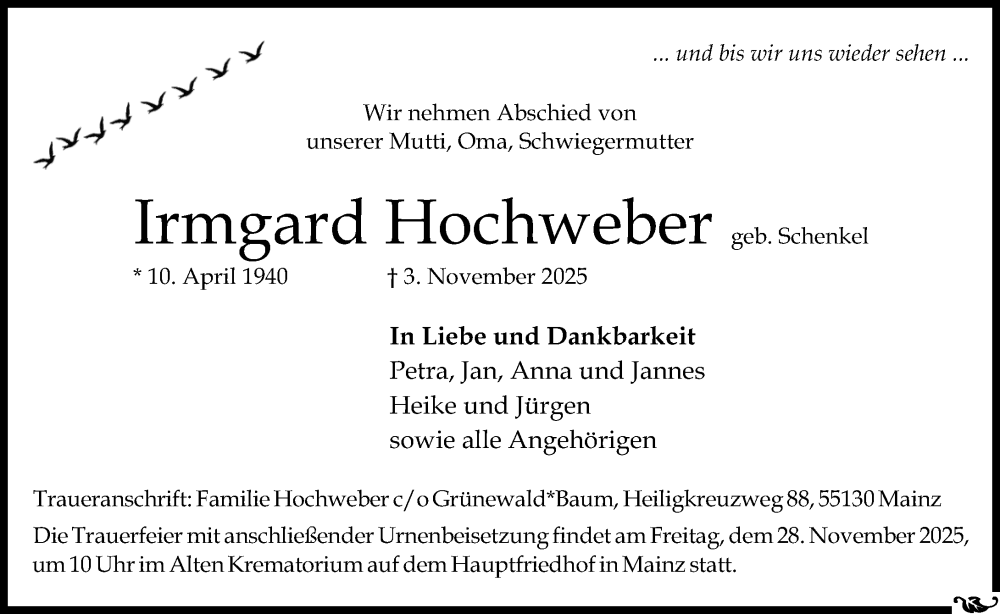  Traueranzeige für Irmgard Hochweber vom 15.11.2025 aus Allgemeine Zeitung Mainz