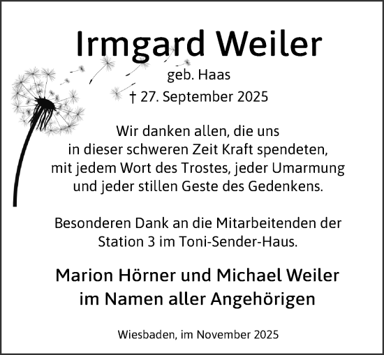 Traueranzeige von Irmgard Weiler von Wiesbadener Kurier