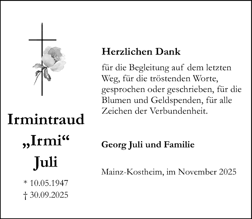  Traueranzeige für Irmintraud Juli vom 08.11.2025 aus Allgemeine Zeitung Mainz