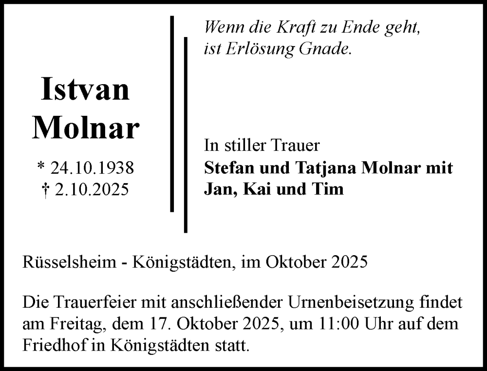  Traueranzeige für Istvan Molnar vom 11.10.2025 aus Rüsselsheimer Echo