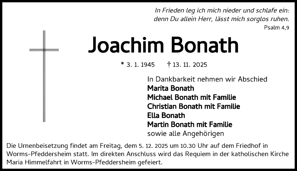  Traueranzeige für Joachim Bonath vom 29.11.2025 aus Wormser Zeitung