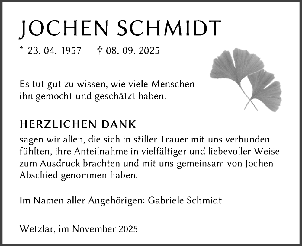  Traueranzeige für Jochen Schmidt vom 08.11.2025 aus Wetzlarer Neue Zeitung