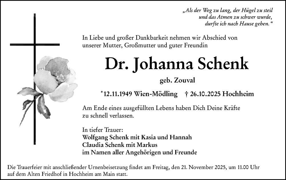  Traueranzeige für Johanna Schenk vom 14.11.2025 aus Hochheimer Zeitung