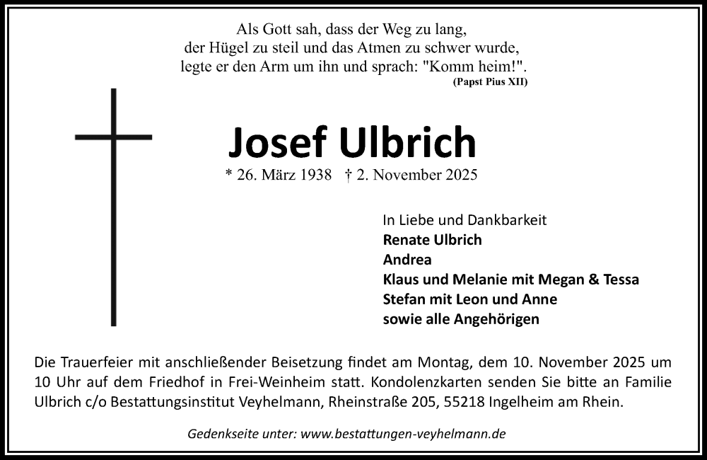  Traueranzeige für Josef Ulbrich vom 08.11.2025 aus Allgemeine Zeitung Rheinhessen-Nahe
