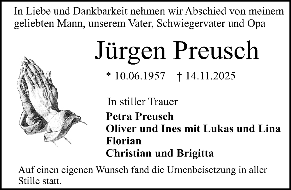  Traueranzeige für Jürgen Preusch vom 29.11.2025 aus Darmstädter Echo