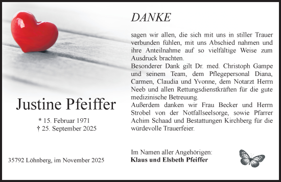 Traueranzeige von Justine Pfeiffer von Weilburger Tageblatt