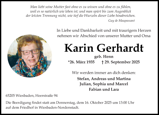 Traueranzeige von Karin Gerhardt von Wiesbadener Kurier