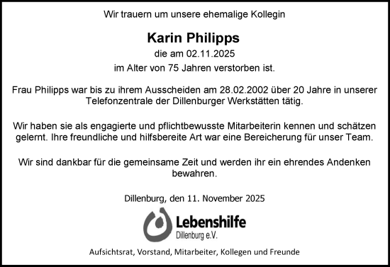 Traueranzeige von Karin Philipps von Dill Block