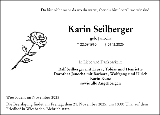 Traueranzeige von Karin Seilberger von Wiesbadener Kurier