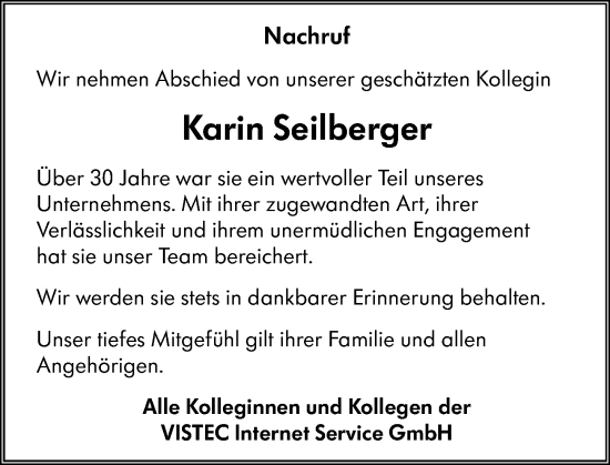 Traueranzeige von Karin Seilberger von Wiesbadener Kurier