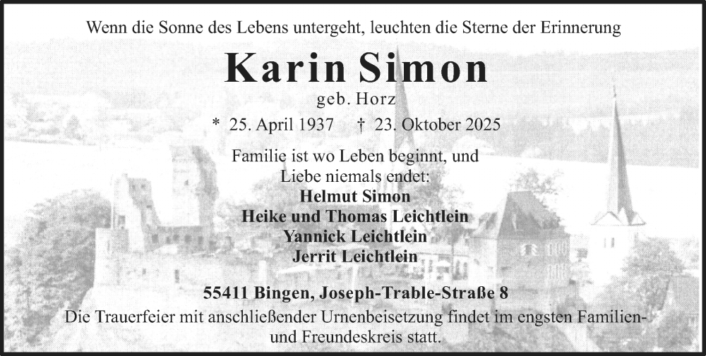  Traueranzeige für Karin Simon vom 08.11.2025 aus Allgemeine Zeitung Rheinhessen-Nahe