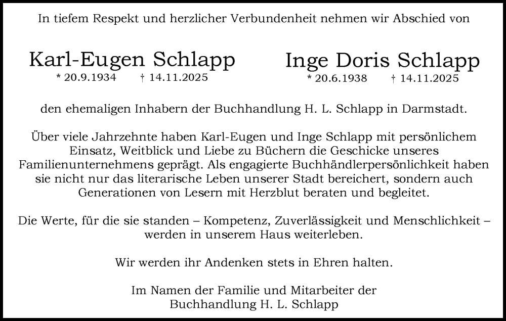  Traueranzeige für Karl-Eugen Schlapp vom 22.11.2025 aus Darmstädter Echo