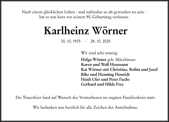 Traueranzeige von Karlheinz Wörner von Wetzlarer Neue Zeitung