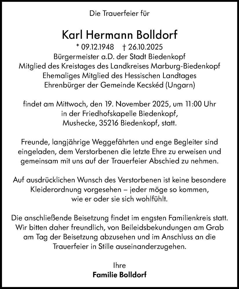  Traueranzeige für Karl Hermann Bolldorf vom 14.11.2025 aus Hinterländer Anzeiger