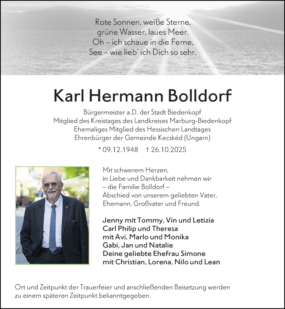  Traueranzeige für Karl Hermann Bolldorf vom 04.11.2025 aus Hinterländer Anzeiger