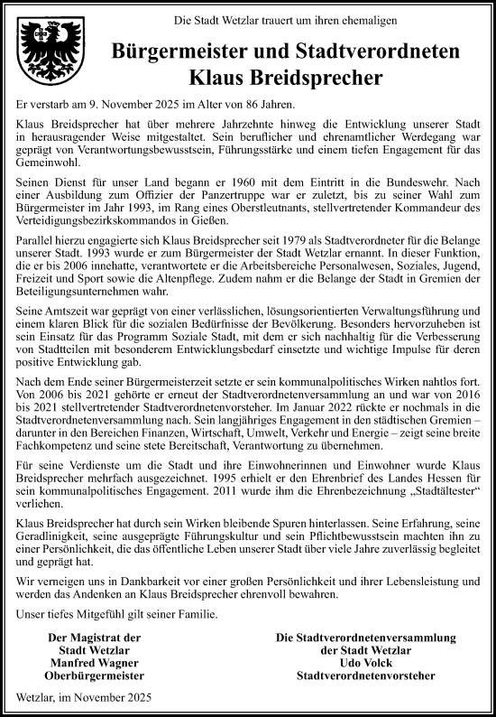 Traueranzeige von Klaus Breidsprecher von Wetzlarer Neue Zeitung