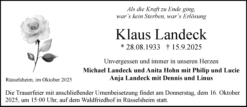  Traueranzeige für Klaus Landeck vom 11.10.2025 aus Rüsselsheimer Echo
