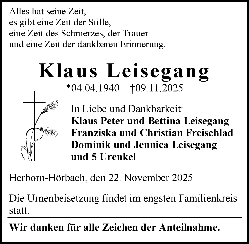  Traueranzeige für Klaus Leisegang vom 22.11.2025 aus Dill Block