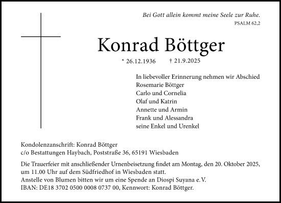 Traueranzeige von Konrad Böttger von Wiesbadener Kurier