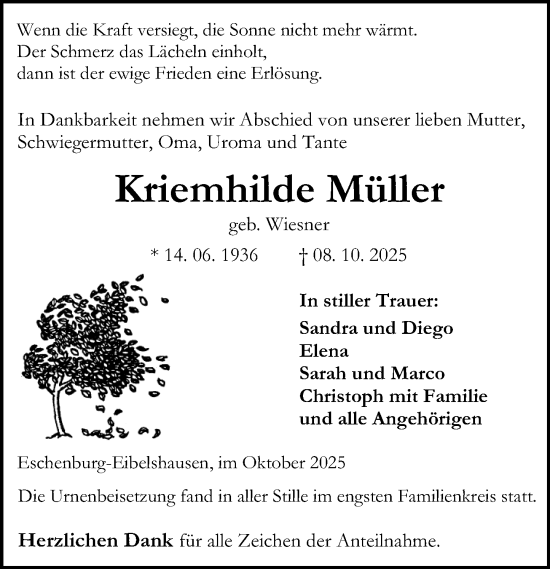 Traueranzeige von Kriemhilde Müller von Dill Block