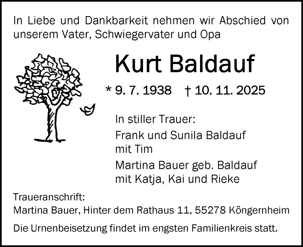  Traueranzeige für Kurt Baldauf vom 15.11.2025 aus Allgemeine Zeitung Mainz