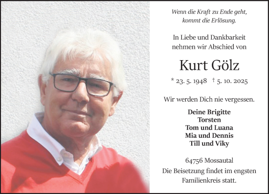 Traueranzeige von Kurt Gölz von Odenwälder Echo