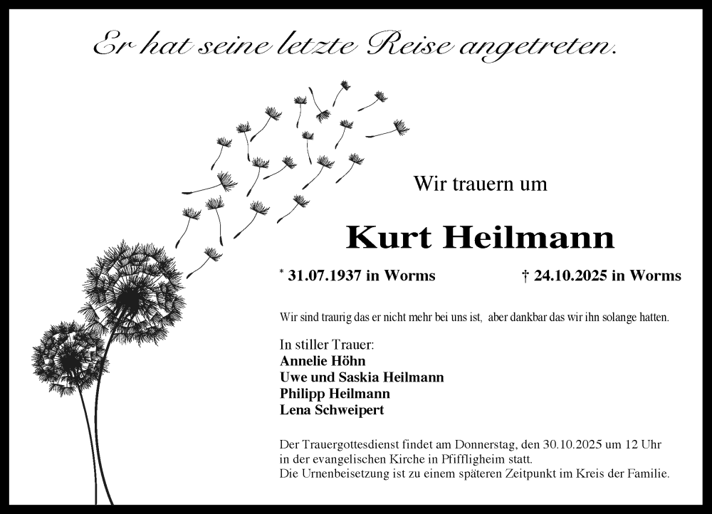  Traueranzeige für Kurt Heilmann vom 28.10.2025 aus Wormser Zeitung