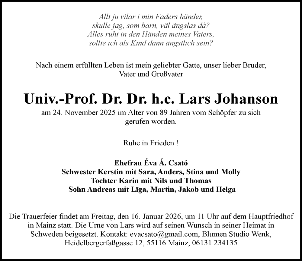  Traueranzeige für Lars Johanson vom 29.11.2025 aus Allgemeine Zeitung Mainz