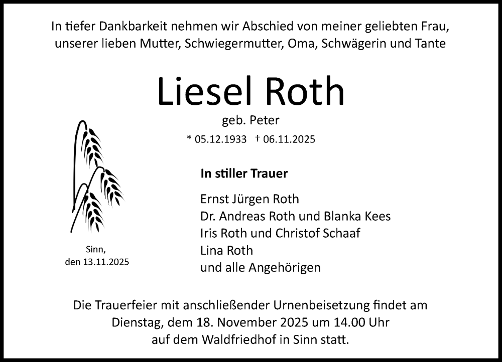  Traueranzeige für Liesel Roth vom 13.11.2025 aus Dill Block