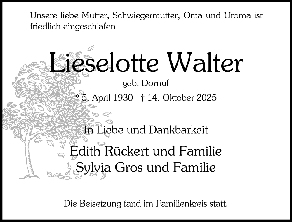  Traueranzeige für Lieselotte Walter vom 07.11.2025 aus Wiesbadener Kurier