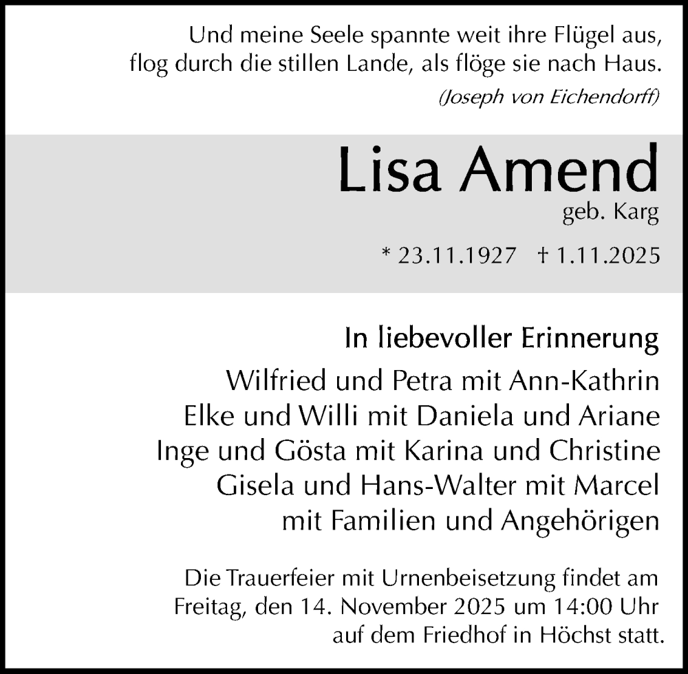  Traueranzeige für Lisa Amend vom 08.11.2025 aus Odenwälder Echo
