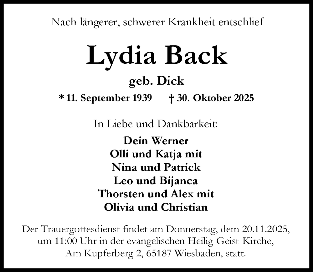  Traueranzeige für Lydia Back vom 08.11.2025 aus Wiesbadener Kurier