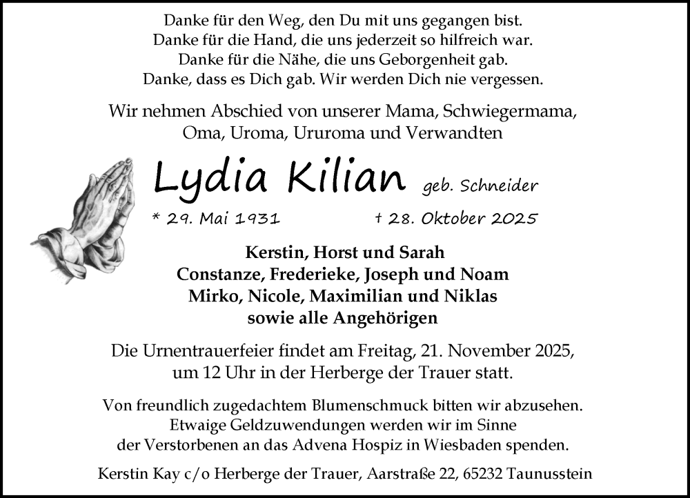  Traueranzeige für Lydia Kilian vom 08.11.2025 aus Wiesbadener Kurier